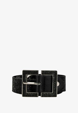 Cintura nera con un design testurizzato, adornata con strass sulla fibbia e una fibbia rettangolare metallica di colore argento.
