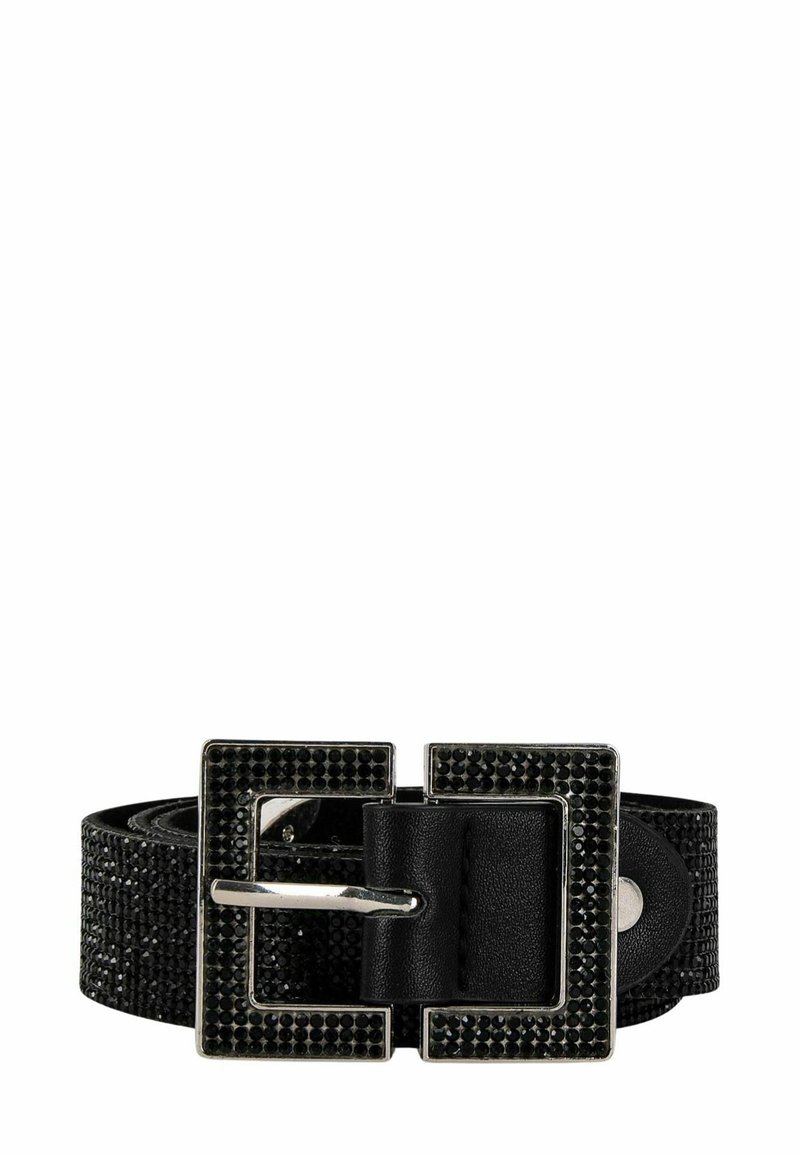 Cintura nera con un design testurizzato, adornata con strass sulla fibbia e una fibbia rettangolare metallica di colore argento.