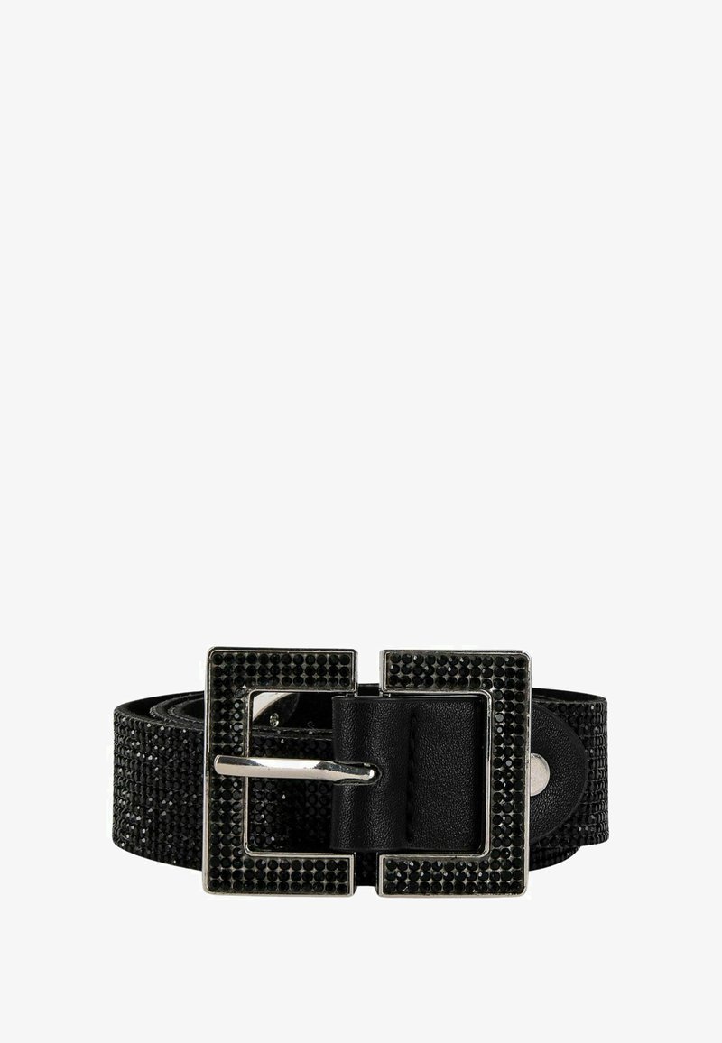 Cintura nera con un design testurizzato, adornata con strass sulla fibbia e una fibbia rettangolare metallica di colore argento.