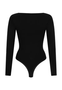 Langsleeve zwart bodysuit met een brede halslijn en een aansluitende taille, ontworpen als een eenstuk.