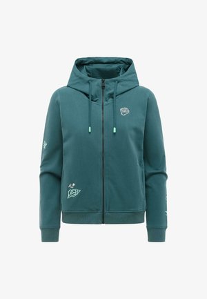 Bluza z kapturem na zamek w kolorze morskim z troczkami, haftem muszli i liścia na piersi, rękawie oraz dolnej części przodu, z prążkowanymi mankietami i dołem.