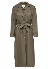 Długi oliwkowozielony trencz z klapami, zapięciem na guziki, paskiem w talii, naszytymi poduszkami na ramionach i długimi rękawami z mankietami.