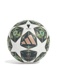 De Adidas Champions League voetbal heeft een zwart-wit ontwerp met groene accenten, sterpatronen en een gestructureerd oppervlak.
