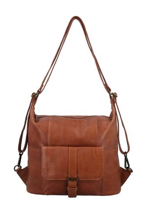 Bruine leren schoudertas met voorvak met gesp, verstelbare banden en een zachte rechthoekige vorm.