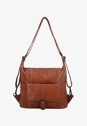 Braune Leder-Umhängetasche mit vorderer Schnappverschluss-Tasche, verstellbaren Trägern und weicher, rechteckiger Form.