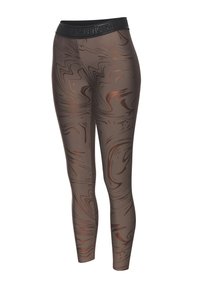 Braune Leggings mit einem wirbelnden Kupfermuster. Sie haben einen breiten schwarzen Bund mit geprägtem Branding. Glattes, dehnbares Material.