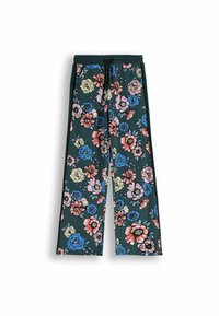 Luźne spodnie o ciemnozielonym tle z wyrazistym kwiatowym wzorem w odcieniach niebieskiego, różowego, czerwonego i kremowego, z elastycznym ściągaczem w talii oraz bocznymi kieszeniami.