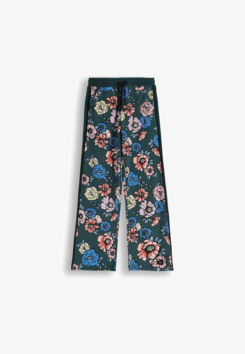 Luźne spodnie o ciemnozielonym tle z wyrazistym kwiatowym wzorem w odcieniach niebieskiego, różowego, czerwonego i kremowego, z elastycznym ściągaczem w talii oraz bocznymi kieszeniami.