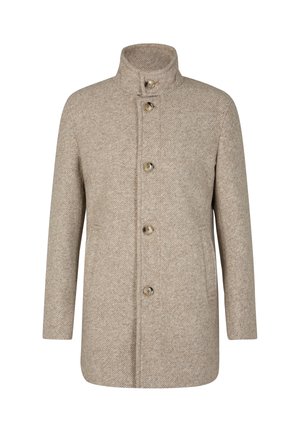 Cappotto beige a spina di pesce con colletto alto, cinque bottoni sulla parte anteriore e tasche laterali. Realizzato in tessuto testurizzato. Design dritto, di lunghezza media.