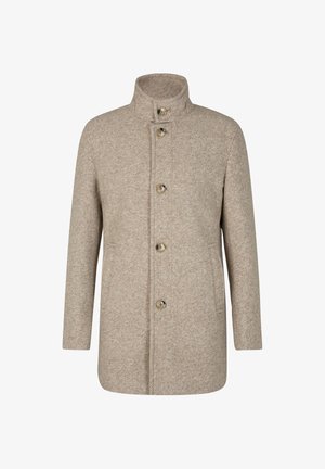 Beige Fischgrätmuster-Mantel mit hohem Kragen, fünf Knöpfen auf der Vorderseite und seitlichen Taschen. Hergestellt aus strukturiertem Stoff. Gerades, mittellanges Design.