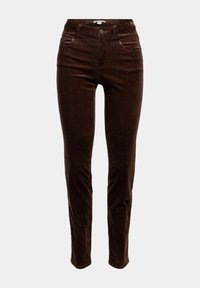 Pantalons en velours côtelé marron taille haute, slim-fit, avec poches avant, passants de ceinture et fermeture à bouton, sur un fond uni.