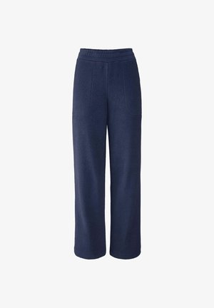 Navyblaue Fleece-Hose mit lockerer Passform, breitem Bund, zwei vorderen Taschen und einer weichen, strukturierten Oberfläche.