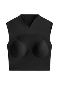Zwart mouwloos cropped topje met V-hals en gevormde cups voor shaping, ontworpen voor een aansluitende, ondersteunende pasvorm.