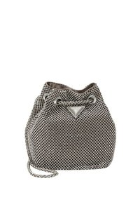 Borsa secchiello grigia metallica realizzata in tessuto texturizzato, con chiusura a cordoncino e manico a catena, arricchita da un accento con logo a forma di diamante.