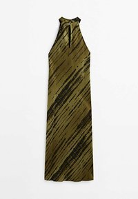 Mouwloze jurk van olijfgroen stof met een abstract zwart patroon van diagonale lijnen. Hoge halslijn met een sleutelgatdetail op de rug.