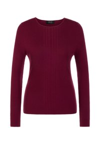 Bordeauxroter, gerippter Pullover mit langen Ärmeln und rundem Ausschnitt, der vertikale Musterdetails und eine weiche Textur aufweist.
