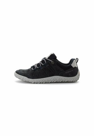 Black athletic shoe with textured suede and mesh upper, lace closure, grey rubber outsole with a patterned tread, and subtle design accents.