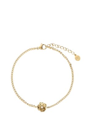 Bracciale con catena d'oro con un piccolo ciondolo a forma di fiore con una perla centrale e una chiusura regolabile con targhetta rotonda.