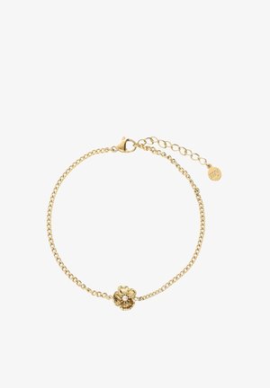 Goldenes Kettenarmband mit kleinem Blumenanhänger mit zentraler Perle und verstellbarem Verschluss mit rundem Anhänger.