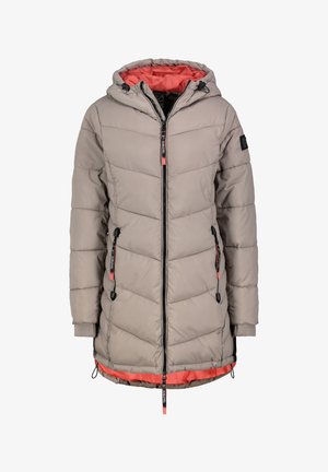 Padded coat in light grey with a pink inner lining. Features a hood, zip closure, side pockets, and adjustable drawstrings at the hem.