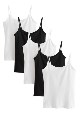 Cinci topuri pentru femei fără mâneci, alb-negru, cu bretele subțiri, aranjate în culori alternative.