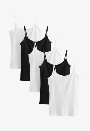 Cinci topuri pentru femei fără mâneci, alb-negru, cu bretele subțiri, aranjate în culori alternative.