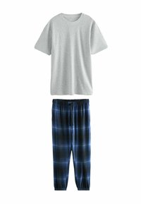 Grijze T-shirt met korte mouwen in combinatie met blauwe geruite pyjamabroek met een elastische tailleband en cuffed enkels voor extra comfort.