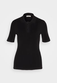 Svart ribbad kortärmad polo med två knappar och krage, figurnära silhuett, uppvisad mot en vit bakgrund.