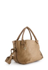 Braune Lederhandtasche mit zwei oberen Griffen, einem abnehmbaren Schulterriemen und goldenen Hardware-Details. Sie hat eine glatte Textur und ein minimalistisches Design.