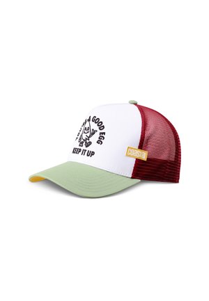 Gorra de béisbol con frente blanca, visera verde claro y parte trasera de malla roja, con el texto "Eres un buen huevo, sigue así" y un dibujo animado de un huevo.