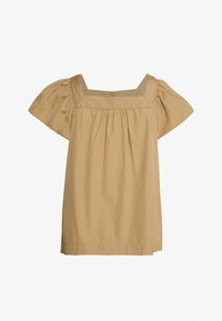 Top in cotone marrone chiaro con maniche corte a palloncino, scollatura quadrata e corpetto arricciato. Tessuto liscio e vestibilità comoda con orlo dritto.