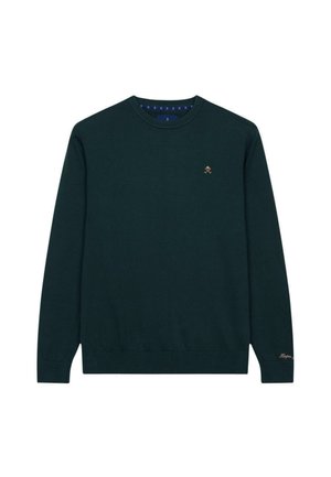 Suéter verde oscuro de algodón, con cuello redondo, mangas largas y un pequeño logo dorado en el pecho. Textura suave.