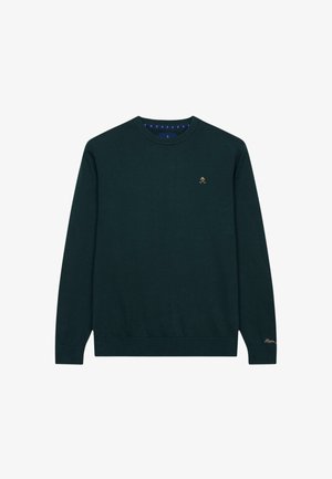 Mørkegrøn sweater lavet af bomuld, med en rund halsudskæring, lange ærmer og et lille guld logo på brystet. Glat tekstur.