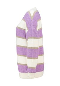Paarse en witte gestreepte trui met gouden accentstrepen. Gemaakt van gebreid materiaal, met een relaxte pasvorm en geribbelde manchetten.