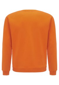 Felpa arancione con scollo rotondo e maniche lunghe. Texture liscia e polsini a costine sulle maniche e l'orlo. Design semplice e uniforme.