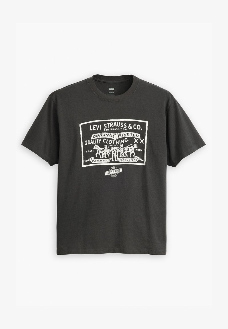 Hallhallane puuvillane T-särk ümmarguse kaelusega, millel on valge graafikaprint sildist "Levi Strauss & Co." ning illustratsioonid.