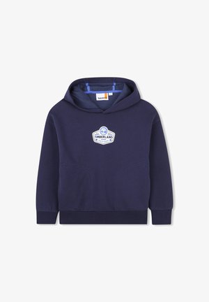 Sweatshirt azul-marinho em tecido suave com um bolso frontal, apresentando um patch do logótipo Timberland em branco. Capuz com cordão e punhos canelados.