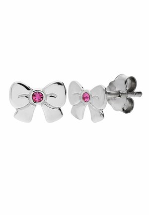Silver bow-shaped stud earrings with small pink gemstone centers and butterfly back closures, shown on white background.