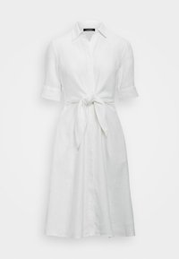 White linen dress with a collared neck, short rolled sleeves, and a front tie detail at the waist. Straight cut and knee-length design.