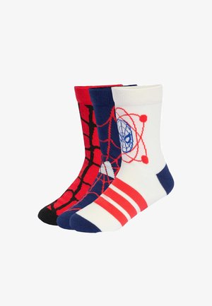 Trzy pary skarpetek: czerwone z czarnym wzorem pająka, niebieskie z logo atomowym i białe w czerwone paski. Mieszanka bawełny, długość do kostek.