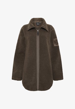 Braune Fleecejacke mit Reißverschluss, großem Kragen und langen Ärmeln. Verfügt über eine strukturierte Oberfläche und ein Patch am linken Ärmel.