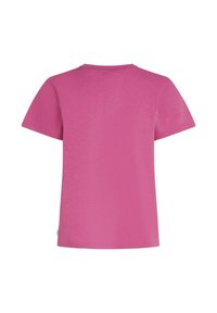 Pink short-sleeve t-shirt with a round neckline. The fabric appears soft and smooth, featuring a solid color with no patterns or embellishments.