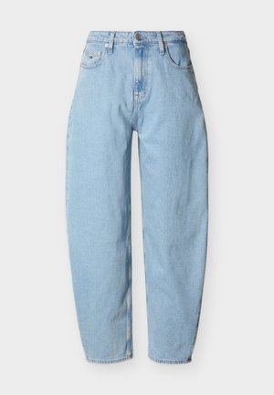 Light blue high-waist straight-leg jeans with front button and zipper closure, belt loops, and five pockets including a small coin pocket.
