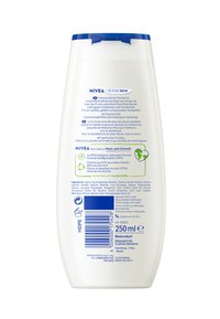NIVEA bottle, 250 ml, with a white body, blue cap, and smooth texture. Back features multi-language text and recycling symbols.