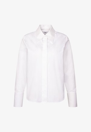 White long-sleeve button-up shirt with wide pointed collar and concealed buttons on a plain background.