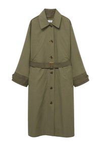 Olivově zelený trench coat, vyrobený z hladké tkaniny, s límcem, zapínáním na knoflíky vpředu, pásem v pase a dvěma bočními kapsami.