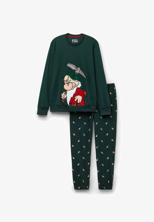 Groene pyjama set met een afbeelding van een dwerg die een pikhouweel vasthoudt. Het shirt heeft lange mouwen; de broek toont een herhalend patroon van kleine dwergen.