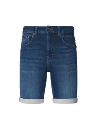 Jeanowe szorty w ciemnym niebieskim kolorze o lekko wyblakłej strukturze, z wysokim stanem, dwoma przednimi kieszeniami i podwiniętymi mankietami.