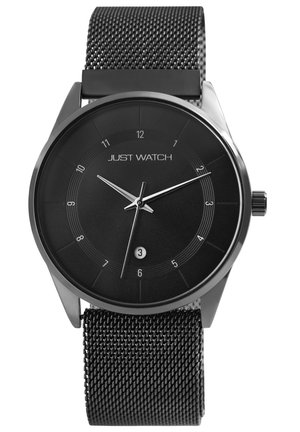 Schwarze Armbanduhr mit minimalistischer Gestaltung, rundem Zifferblatt mit silbernen Zeigern und Mesh-Armband. Zeigt Stundenmarkierungen und ein Datumsfenster an.