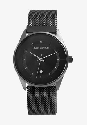 Black wristwatch featuring a minimalist design, a round dial with silver hands, and a mesh band. Displays hour markers and a date window.